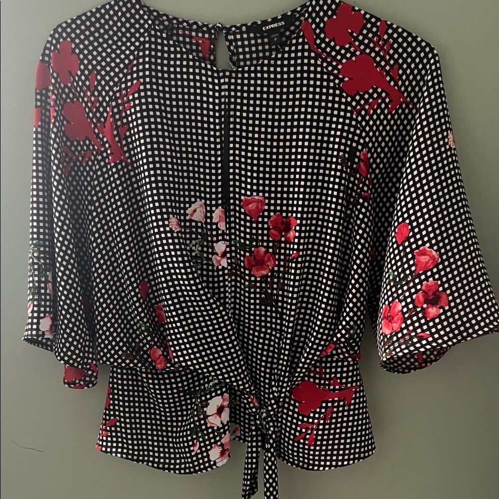 Express Black Gingham Tie-Front Blouse with Red Floral Print